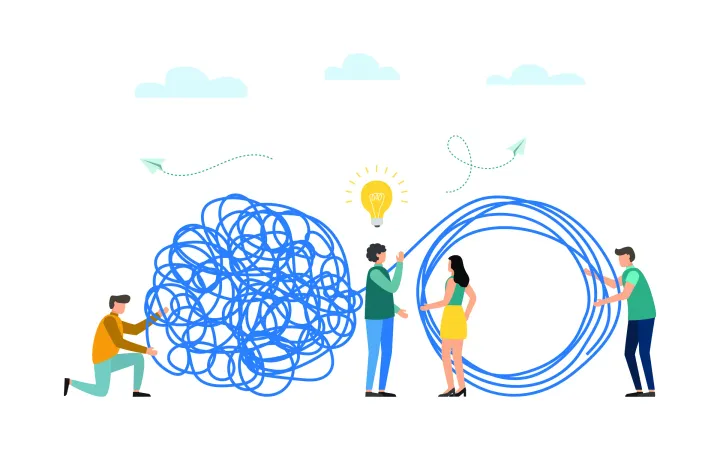 Pictorial metaphor of people untangling a tangled mess and being creative.