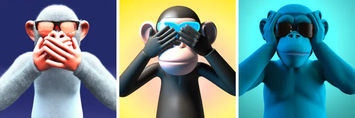 Three wise monkey stylized figures representing the "see no evil, speak no evil, hear no evil" proverb.